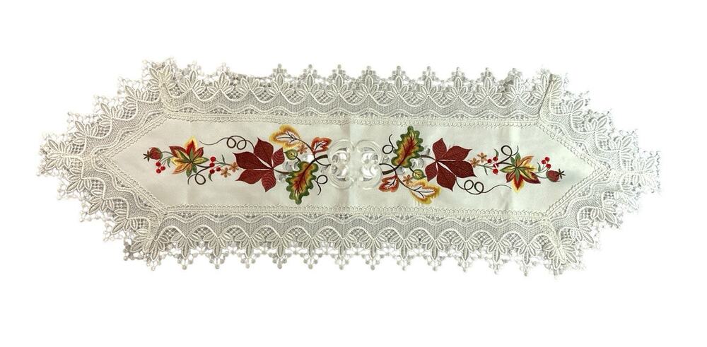 Collections Etc Fall Table Runner 42x14.5 Embroidered Leaves Lace Thanksgiving